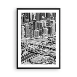 Poster în ramă neagră - Panoramă a orașului cu rețeaua rutieră în stil alb-negru - 50x70cm - Dubai - orașul imposibil - Decorațiune modernă pentru perete pentru living și dormitor ARTTOR
