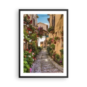 Poster în ramă neagră - O stradă fermecătoare cu flori și o alee pietruită într-o zi însorită - 50x70cm - Străduță italiană - Decorațiune modernă pentru perete pentru living și dormitor ARTTOR