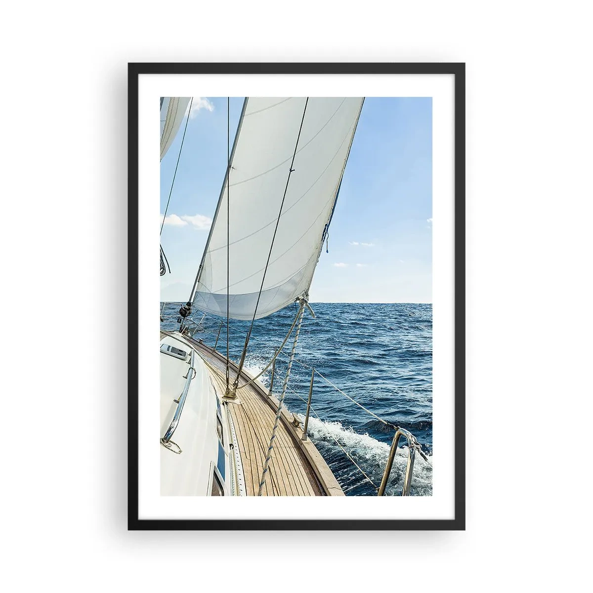 Poster în ramă neagră - O barcă cu pânze în largul mării într-o zi însorită - 50x70cm - Ahoy aventura - Decorațiune modernă pentru perete pentru living și dormitor ARTTOR