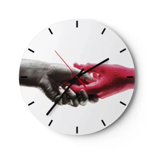 Ceas de perete - Ceas pe sticlă - Strângere de mână simbolică în negru și roșu - 30x30cm - Împreună, deși diferiți - Decorațiune modernă pentru perete pentru living, bucătărie și dormitor ARTTOR