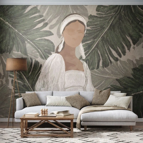 Tapet Premium Sand - Portret exotic - Boho, Femeie, Frunze - 100x70 cm