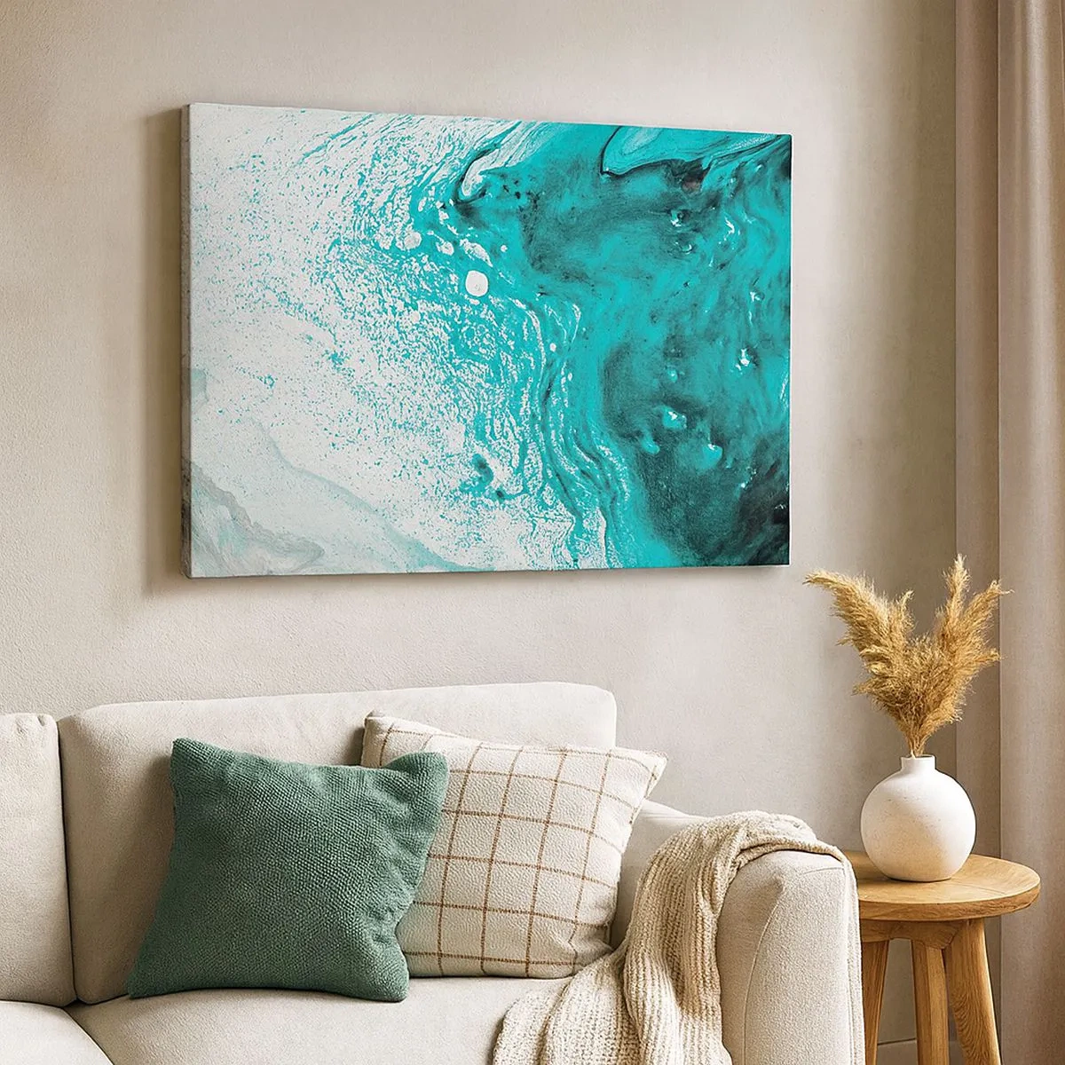 Tablou pe pânză Canvas - Compoziție abstractă în nuanțe de turcoaz pe fundal alb - 70x50cm - Dizolvându-se în alb și turcoaz - Decorațiune modernă pentru perete pentru living și dormitor ARTTOR