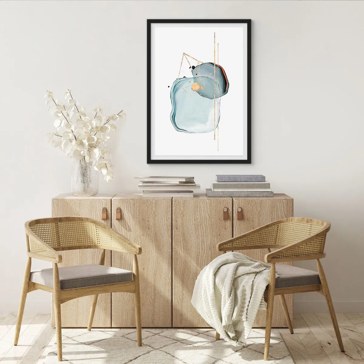 Poster în ramă neagră - Compoziție abstractă în acuarelă cu un model geometric auriu - 50x70cm - Studiul picăturii - Decorațiune modernă pentru perete pentru living și dormitor ARTTOR