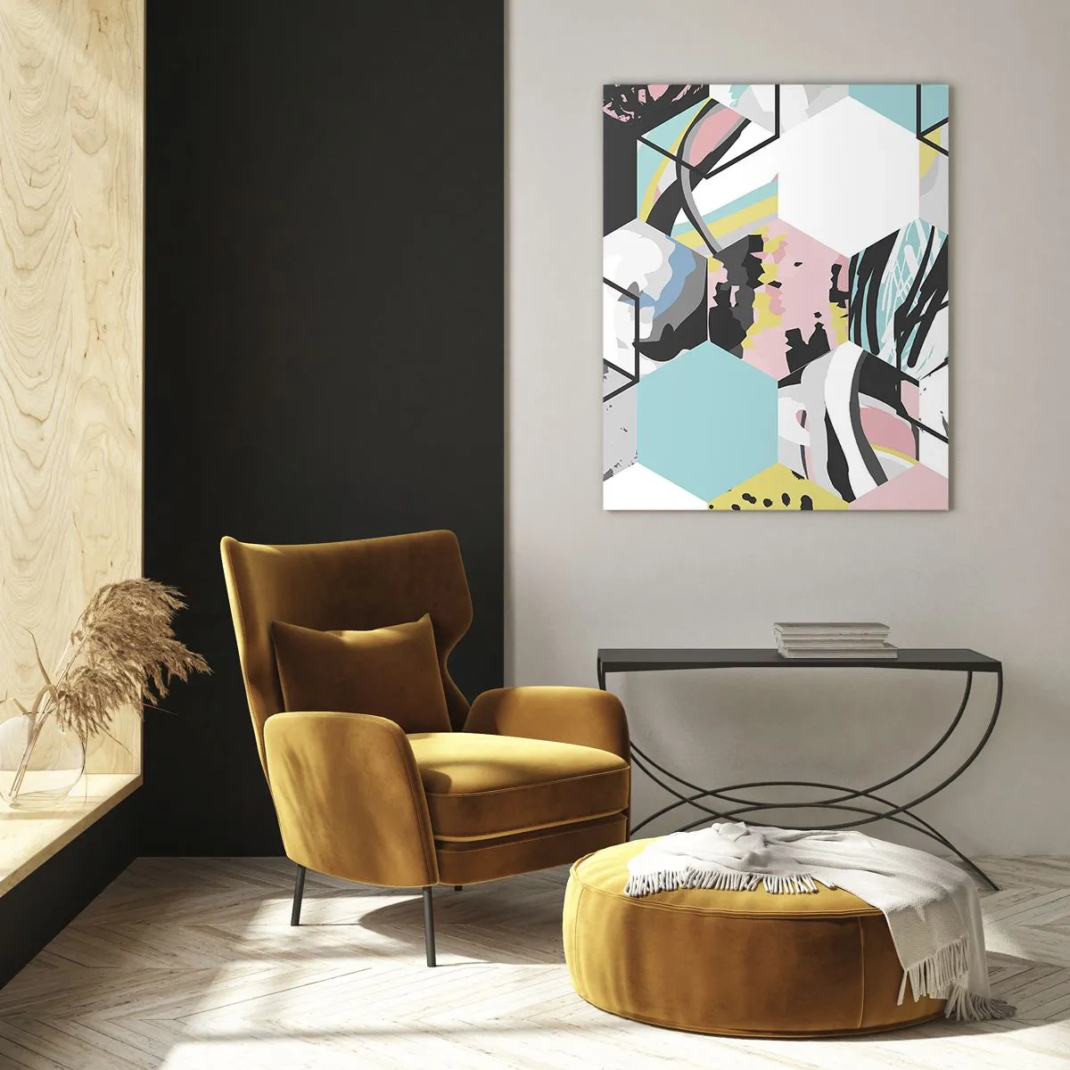 Tablou pe sticlă - Hexagoane și cuburi în șase culori - 50x70 cm