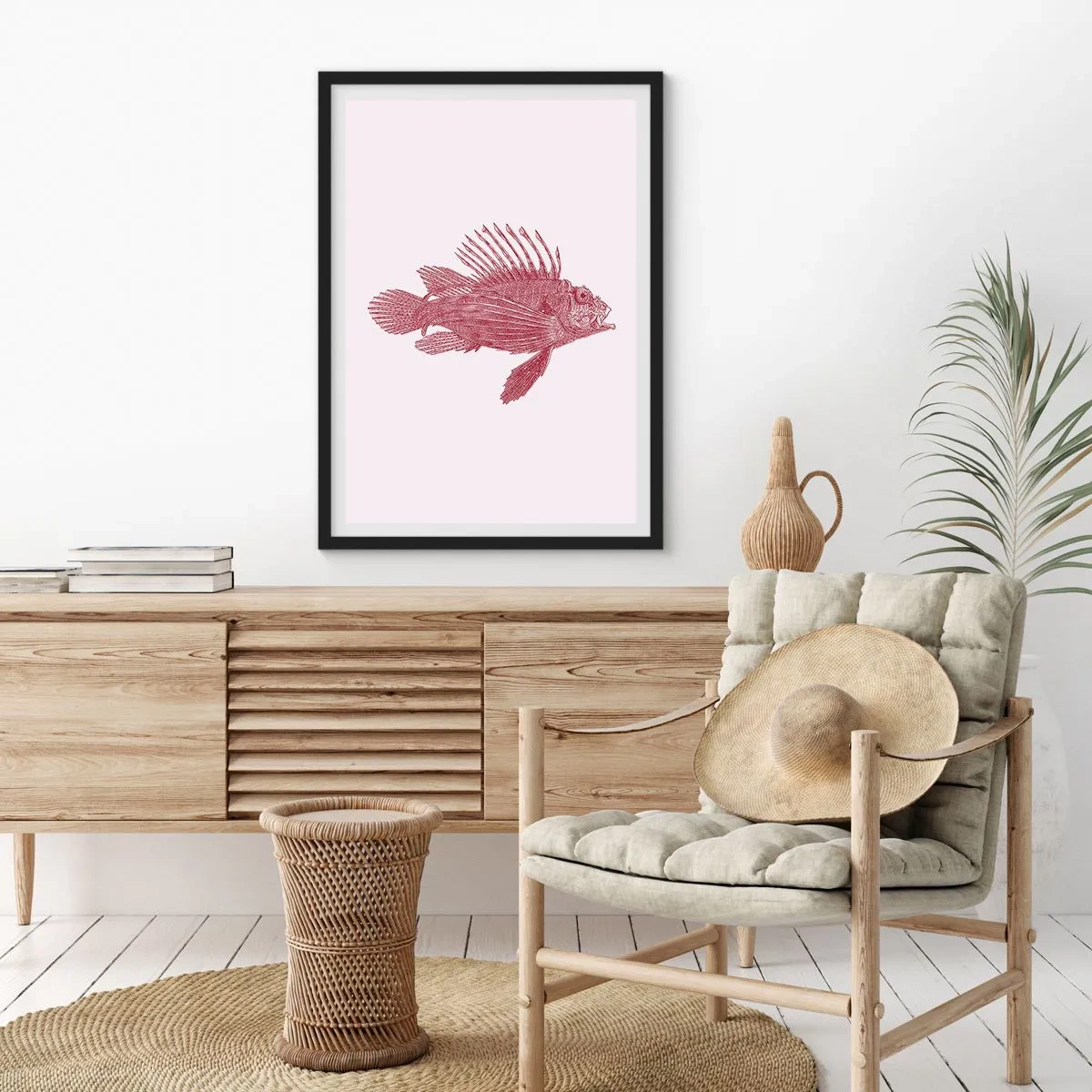 Poster în ramă neagră - Desen de pește în stil vintage pe un fundal deschis - 50x70cm - Un locuitor al apelor exotice - Decorațiune modernă pentru perete pentru living și dormitor ARTTOR