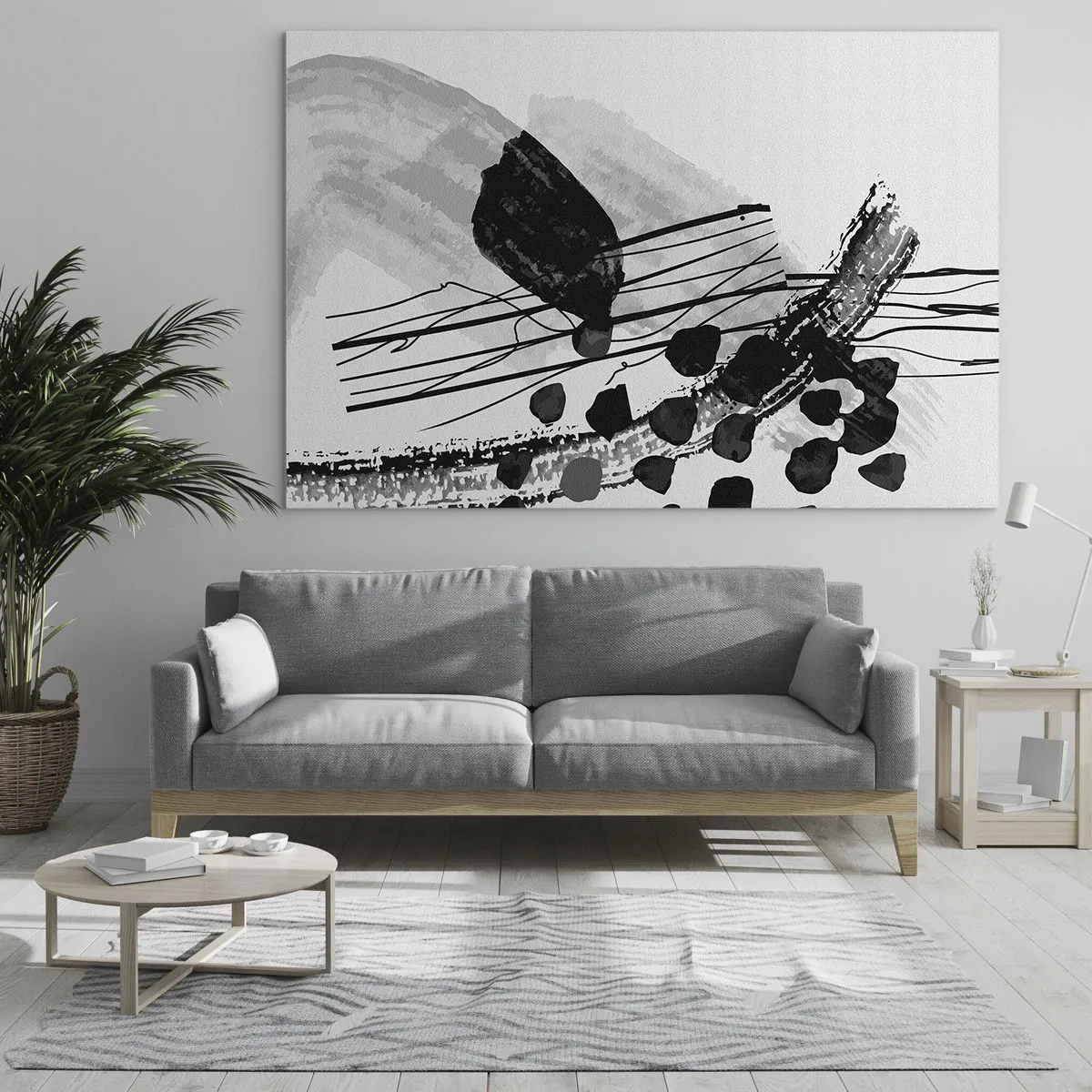 Tablou pe sticlă - Abstracție alb-negru cu forme și linii organice - 70x50cm - Abstracție organică în negru și alb - Decorațiune modernă pentru perete pentru living și dormitor ARTTOR