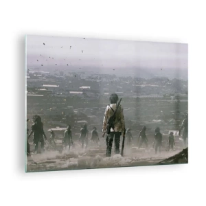 Tablou pe sticlă - O figură cu o pușcă în peisajul întunecat al unui grup care se apropie - 70x50cm - Ultimul om în picioare? - Decorațiune modernă pentru perete pentru living și dormitor ARTTOR