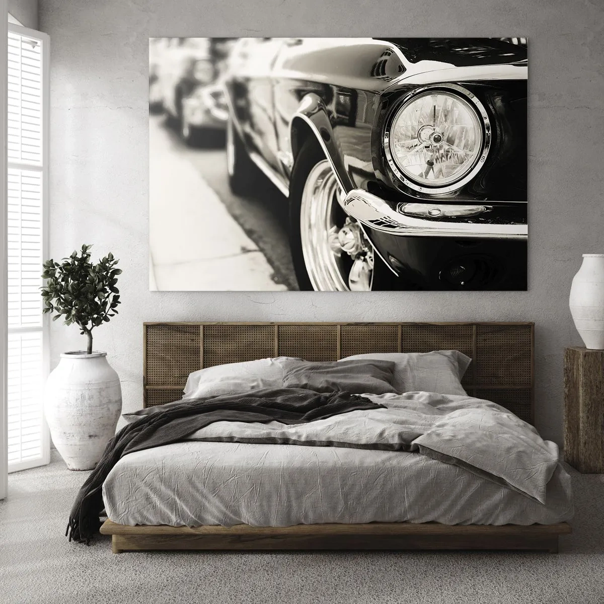 Tablou pe sticlă - Prim-plan al părții frontale a unei mașini clasice în sepia - 70x50cm - Strălucire durabilă - Decorațiune modernă pentru perete pentru living și dormitor ARTTOR