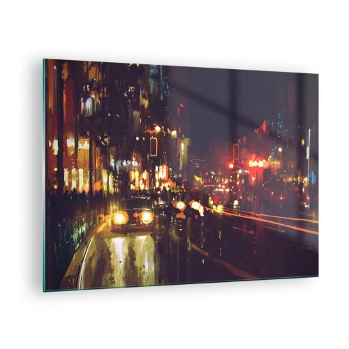 Tablou pe sticlă - Peisaj nocturn al orașului cu mașini și lumini stradale - 70x50cm - Scufundat în lumina nopții - Decorațiune modernă pentru perete pentru living și dormitor ARTTOR
