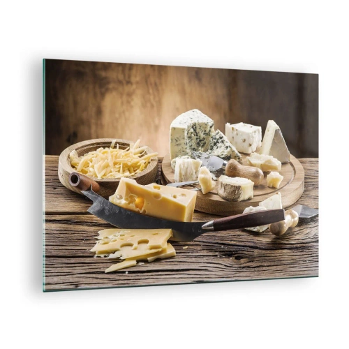Tablou pe sticlă - Platou de brânzeturi cu cuțit pe masă rustică - 70x50cm - Zâmbește - Decorațiune modernă pentru perete pentru living și dormitor ARTTOR
