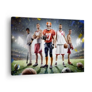 Tablou pe pânză Canvas - O scenă dinamică cu sportivi din diverse discipline pe stadion, sub lumina reflectoarelor - 70x50cm - Gladiatori ai terenului de joc - Decorațiune modernă pentru perete pentru living și dormitor ARTTOR