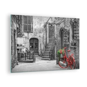 Tablou pe sticlă - Stradă alb-neagră cu o bicicletă roșie - 70x50cm - Alee din Toscana - Decorațiune modernă pentru perete pentru living și dormitor ARTTOR