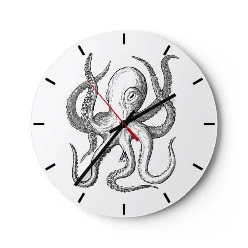 Ceas de perete - Ceas pe sticlă - Ilustrație de caracatiță în stil vintage pe fundal alb - 30x30cm - Dansând cu valurile - Decorațiune modernă pentru perete pentru living, bucătărie și dormitor ARTTOR