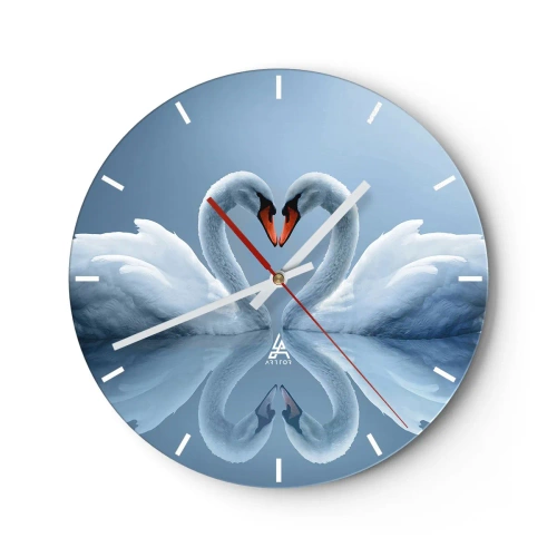 Ceas de perete - Ceas pe sticlă - O pereche de lebede formând o inimă pe o suprafață calmă a apei - 30x30cm - Timp pentru dragoste - Decorațiune modernă pentru perete pentru living, bucătărie și dormitor ARTTOR
