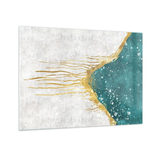 Tablou pe sticlă - Model abstract auriu pe un fundal turcoaz și alb - 70x50cm - Mareea de aur - Decorațiune modernă pentru perete pentru living și dormitor ARTTOR