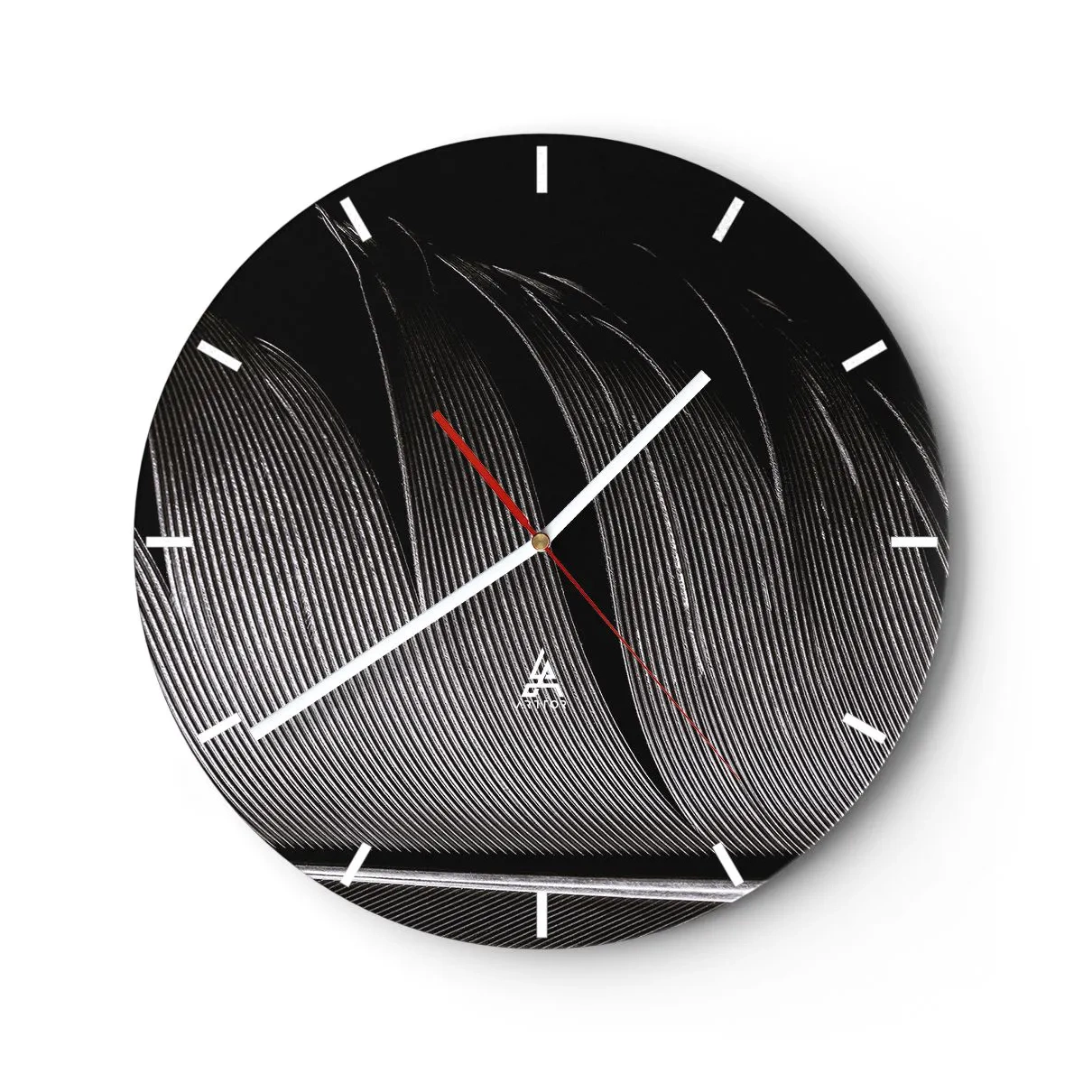 Ceas de perete - Ceas pe sticlă - Prim-plan al unei pene în contrast alb-negru - 30x30cm - Pana - o construcție minunată - Decorațiune modernă pentru perete pentru living, bucătărie și dormitor ARTTOR
