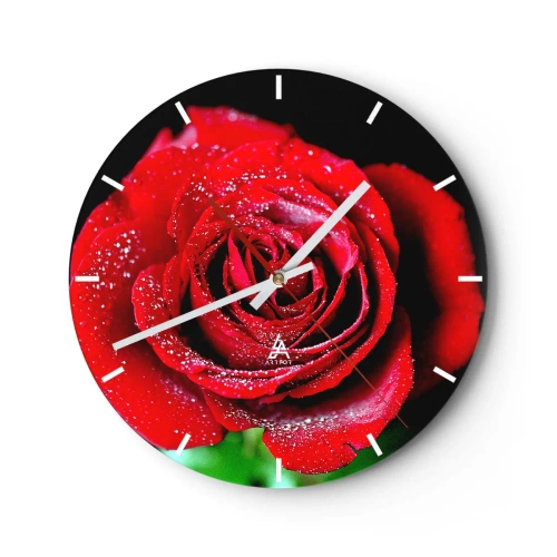 Ceas de perete - Ceas pe sticlă - Un trandafir roșu acoperit cu picături de rouă - 30x30cm - Pur și simplu dragoste - Decorațiune modernă pentru perete pentru living, bucătărie și dormitor ARTTOR