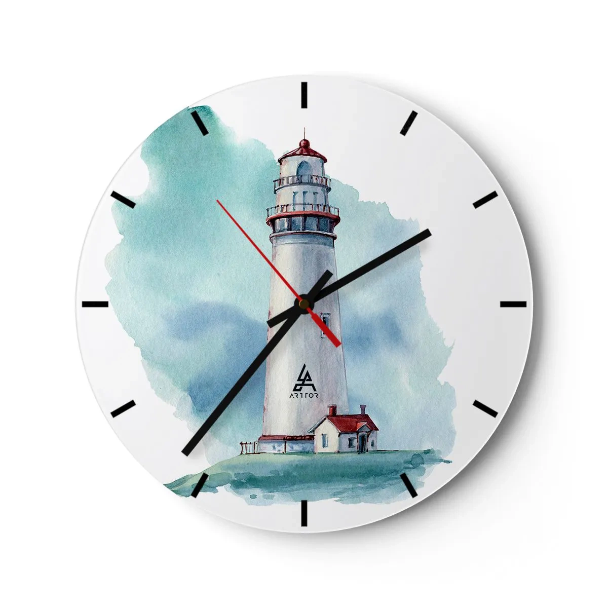 Ceas de perete - Ceas pe sticlă - Un far în acuarelă în tonuri calme de mare - 30x30cm - Sora blândă a albastrului - Decorațiune modernă pentru perete pentru living, bucătărie și dormitor ARTTOR