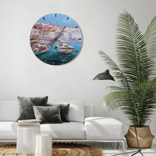 Ceas de perete - Ceas pe sticlă - Un port pitoresc cu bărci în stil impresionist - 30x30cm - Golful italian - Decorațiune modernă pentru perete pentru living, bucătărie și dormitor ARTTOR