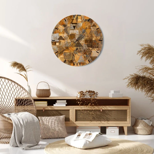 Ceas de perete - Ceas pe sticlă - Model geometric abstract în nuanțe de auriu și maro - 30x30cm - Lumea băgată în formă - Decorațiune modernă pentru perete pentru living, bucătărie și dormitor ARTTOR