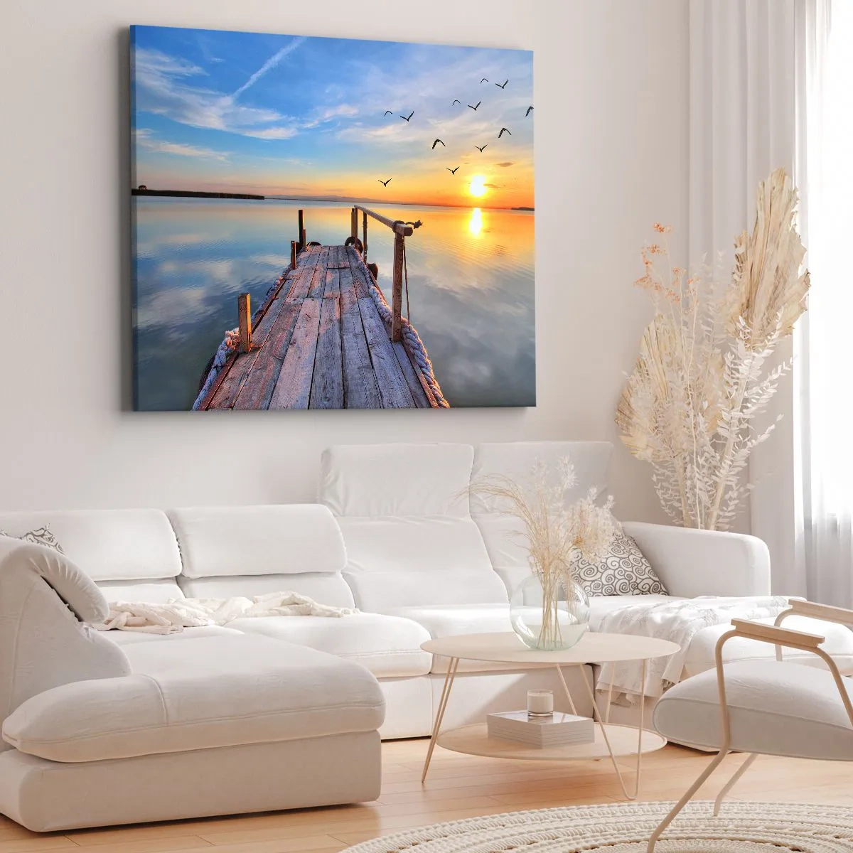 Tablou pe pânză Canvas - Dig de lemn la apus pe un lac liniștit - 70x50cm - Mergând înainte spre soare - Decorațiune modernă pentru perete pentru living și dormitor ARTTOR