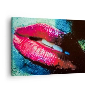 Tablou pe pânză Canvas - Prim-plan al buzelor colorate și lucioase pe un fundal artistic - 70x50cm - Senzual și tulburător - Decorațiune modernă pentru perete pentru living și dormitor ARTTOR