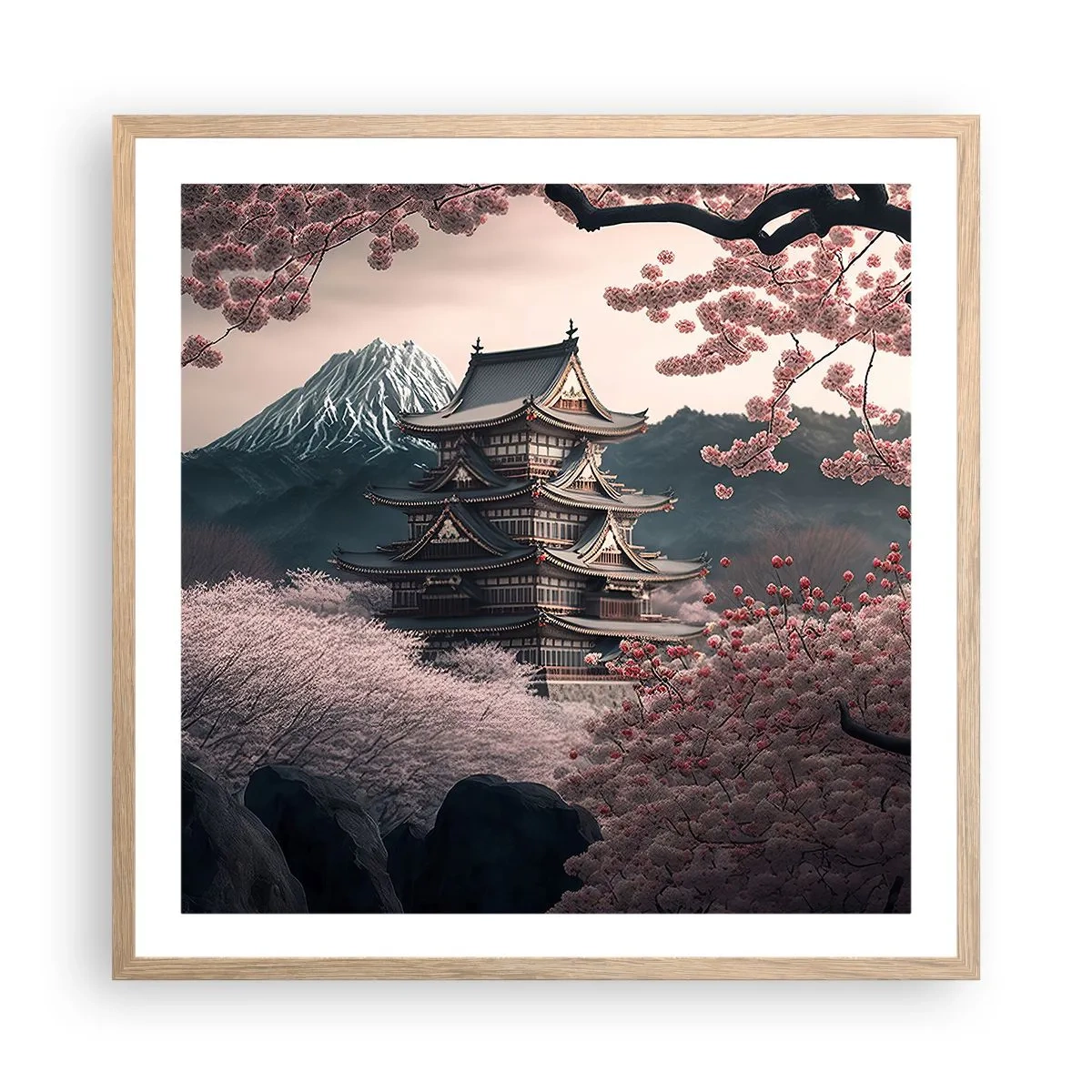 Poster în ramă de stejar deschis - Țara florilor de cireș - 60x60 cm