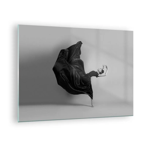 Tablou pe sticlă - O dansatoare într-o rochie neagră plutind dinamic în aer - 70x50cm - Înaripată de muzică - Decorațiune modernă pentru perete pentru living și dormitor ARTTOR
