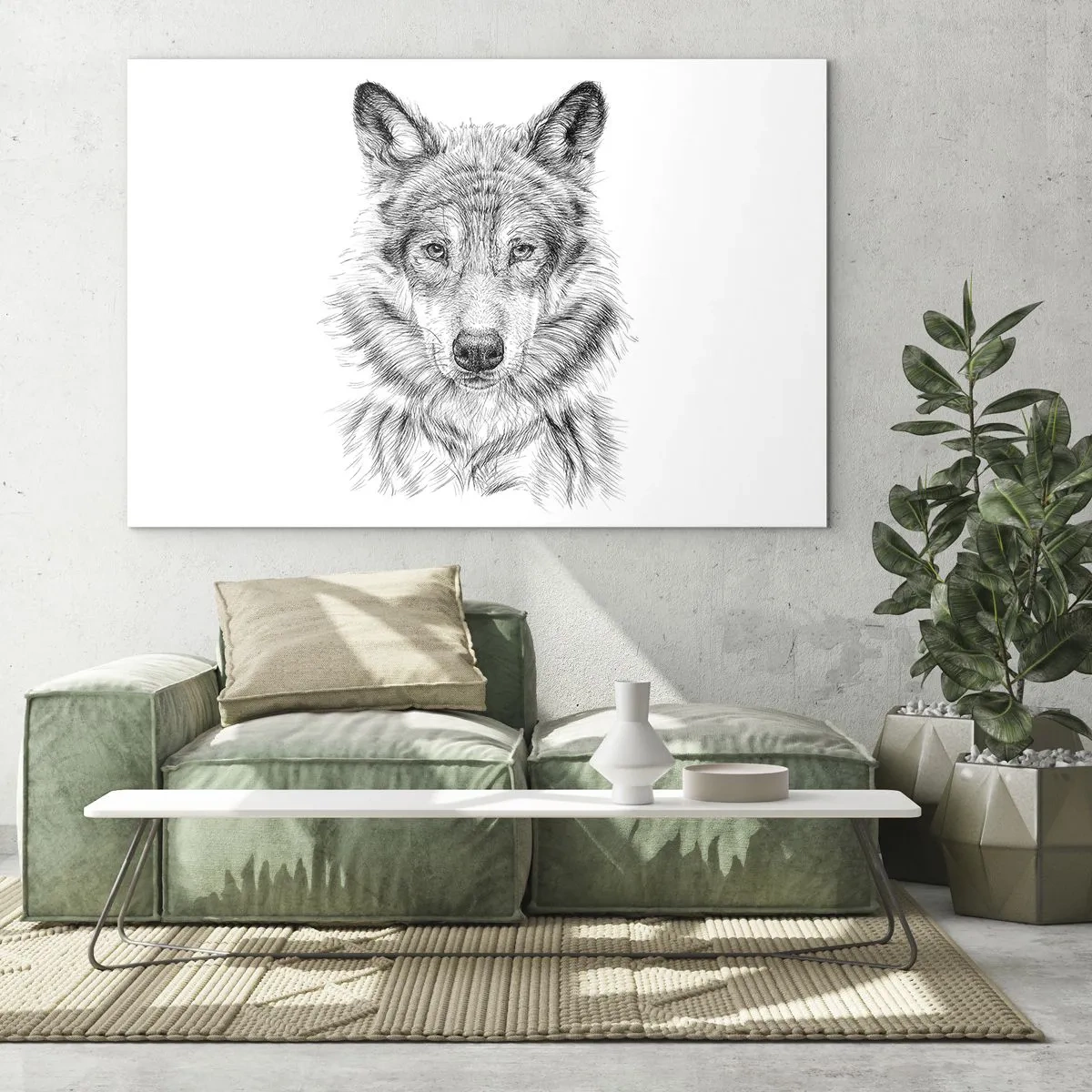 Tablou pe sticlă - Schiță alb-negru a unui cap de lup pe fundal alb - 70x50cm - Un lider înnăscut - Decorațiune modernă pentru perete pentru living și dormitor ARTTOR