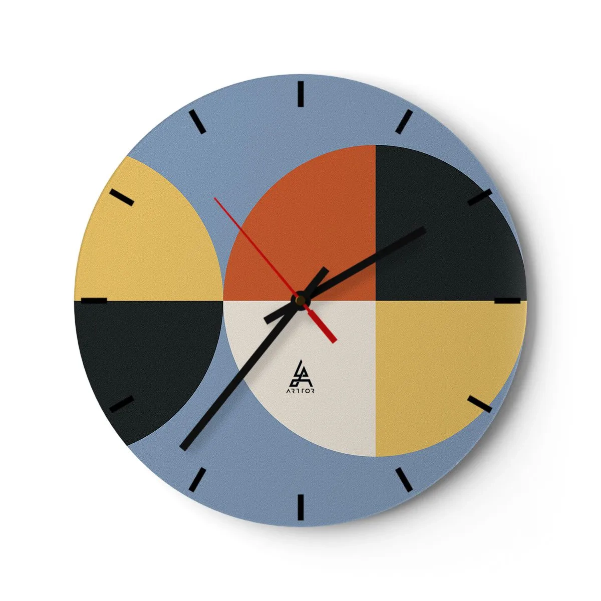 Ceas de perete - Ceas pe sticlă - Compoziție geometrică cu semicercuri și pătrate colorate - 30x30cm - Uită-te și numără - Decorațiune modernă pentru perete pentru living, bucătărie și dormitor ARTTOR