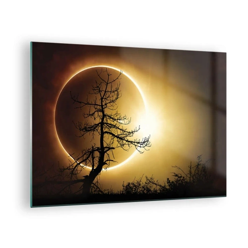 Tablou pe sticlă - Eclipsă solară în spatele copacului - 70x50cm - Eclipsă totală - Decorațiune modernă pentru perete pentru living și dormitor ARTTOR