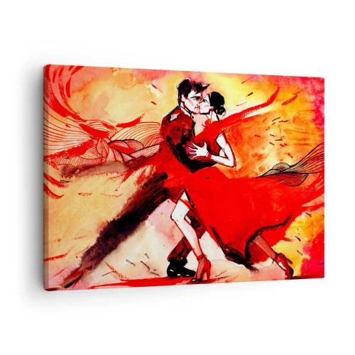 Tablou pe pânză Canvas - Un cuplu dansând tango în tonuri de roșu pe un fundal dinamic. - 70x50cm - Ritmul pasiunii purpuriu - Decorațiune modernă pentru perete pentru living și dormitor ARTTOR