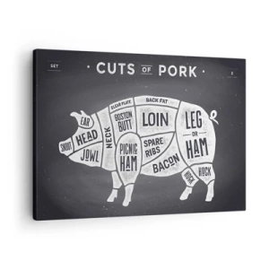 Tablou pe pânză Canvas - Diagramă a bucăților de carne de porc pe fundal negru - 70x50cm - Abecedar de măcelar - Decorațiune modernă pentru perete pentru living și dormitor ARTTOR