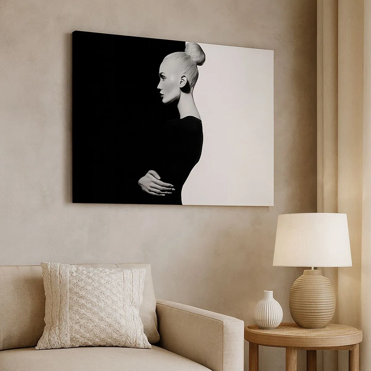 Tablou pe pânză Canvas - Portret elegant al unei femei pe un fundal alb-negru - 70x50cm - Pur și simplu o femeie - Decorațiune modernă pentru perete pentru living și dormitor ARTTOR