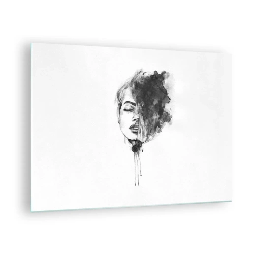 Tablou pe sticlă - Portret alb-negru al unei femei cu o umbră abstractă - 70x50cm - La ce visează frumoasa - Decorațiune modernă pentru perete pentru living și dormitor ARTTOR
