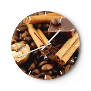 Ceas de perete - Ceas pe sticlă - Boabe de cafea, scorțișoară și bucăți de ciocolată - 30x30cm - Concert de arome - Decorațiune modernă pentru perete pentru living, bucătărie și dormitor ARTTOR
