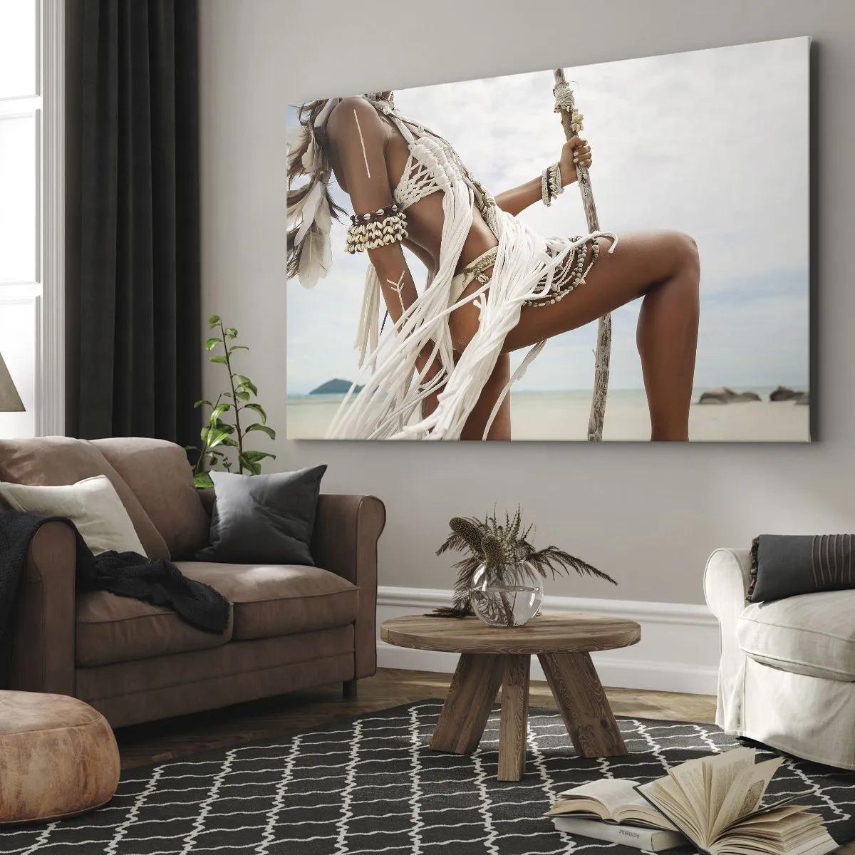 Tablou pe pânză Canvas - Figură feminină în ornamente și haine etnice pe fundalul unui peisaj tropical. - 70x50cm - Preoteasa Soarelui - Decorațiune modernă pentru perete pentru living și dormitor ARTTOR