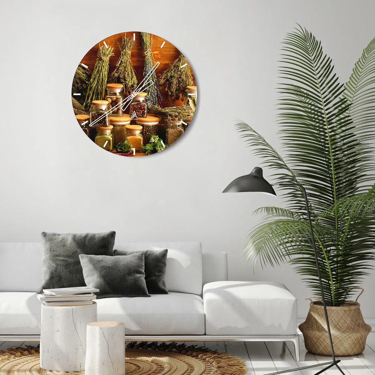 Ceas de perete - Ceas pe sticlă - Ierburi și condimente uscate într-un aranjament de bucătărie - 30x30cm - Vrăjitorie de bucătărie - Decorațiune modernă pentru perete pentru living, bucătărie și dormitor ARTTOR