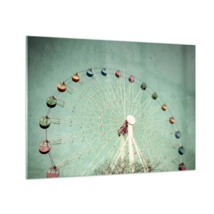 Tablou pe sticlă - O roată Ferris colorată pe un fundal verde pastel - 70x50cm - Poftim la joacă - Decorațiune modernă pentru perete pentru living și dormitor ARTTOR
