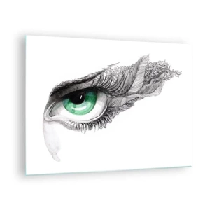 Tablou pe sticlă - Ochi verde cu detalii de pene și modele abstracte - 70x50cm - Frumoasă și gata de atac - Decorațiune modernă pentru perete pentru living și dormitor ARTTOR