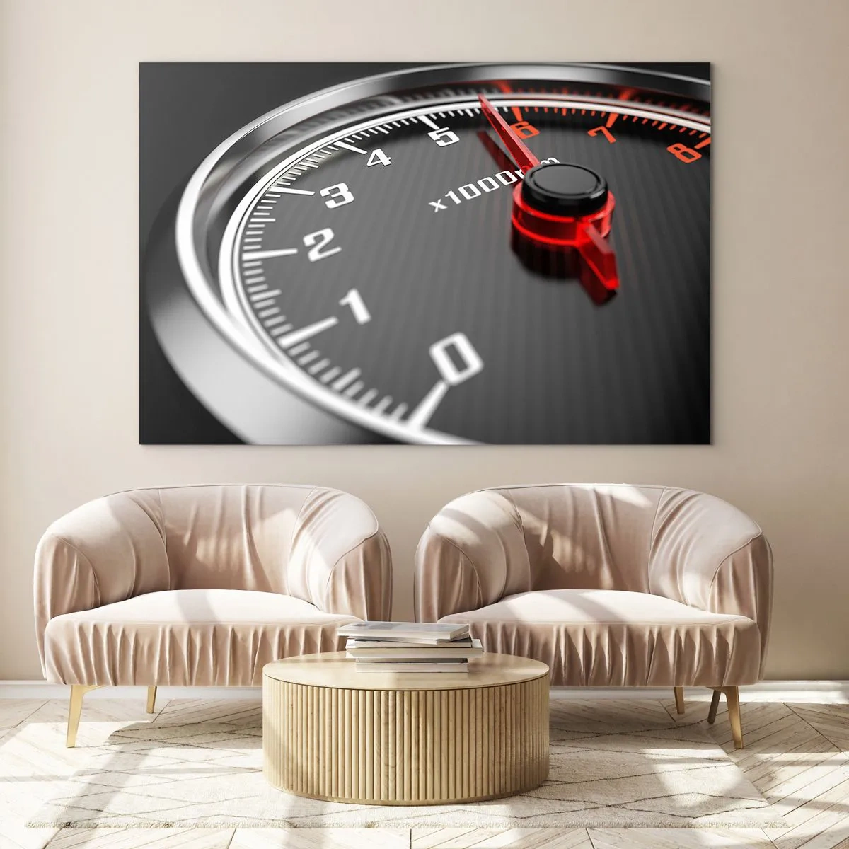 Tablou pe sticlă - Tahometru într-o mașină sport cu indicație roșie - 70x50cm - Bag-o în viteză! - Decorațiune modernă pentru perete pentru living și dormitor ARTTOR
