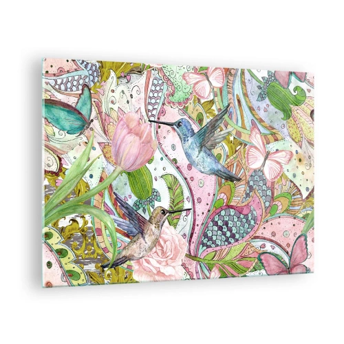 Tablou pe sticlă - Colibri colorate printre flori și fluturi - 70x50cm - Încurcat în viță de vie - Decorațiune modernă pentru perete pentru living și dormitor ARTTOR