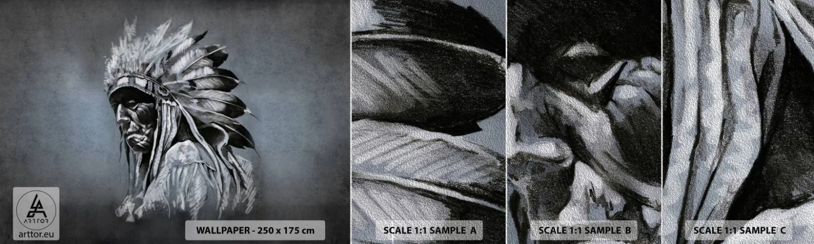 Mostră tapet Premium Sand - Înapoi la rădăcini - indian, Plume, Om - 100x30 cm