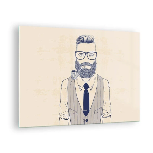 Tablou pe sticlă - Un bărbat stilizat cu barbă, ochelari și pipă pe un fundal deschis la culoare. - 70x50cm - Vesel, masculin și la modă - Decorațiune modernă pentru perete pentru living și dormitor ARTTOR