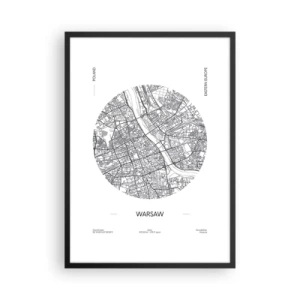 Poster în ramă neagră - Hartă minimalistă a Varșoviei într-un cerc - 50x70cm - Anatomia Varșoviei - Decorațiune modernă pentru perete pentru living și dormitor ARTTOR