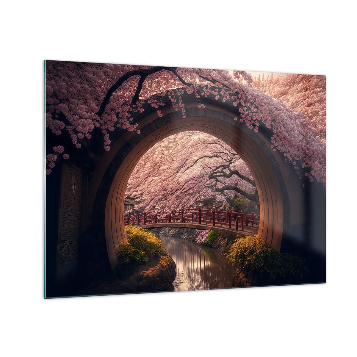 Tablou pe sticlă - Flori de cireș și un pod japonez văzute prin poarta rotundă - 70x50cm - Primăvara japoneză - Decorațiune modernă pentru perete pentru living și dormitor ARTTOR