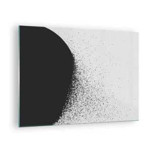 Tablou pe sticlă - Abstracția unei mase negre care se destramă pe un fundal alb - 70x50cm - Mișcarea particulelor - Decorațiune modernă pentru perete pentru living și dormitor ARTTOR