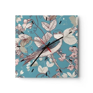 Ceas de perete - Ceas pe sticlă - Ciripit în florile albe - 30x30 cm