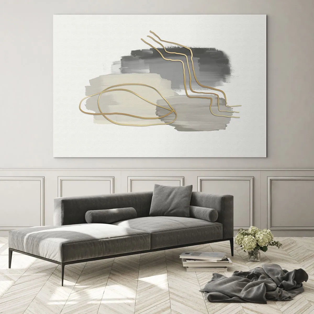 Tablou pe sticlă - Abstracție cu pete gri și linii aurii pe un fundal deschis - 70x50cm - Persistență și mișcare - Decorațiune modernă pentru perete pentru living și dormitor ARTTOR