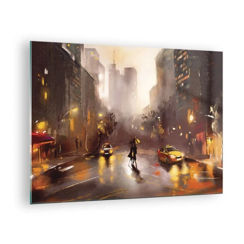 Tablou pe sticlă - Oraș noaptea în ploaie cu taxiuri și silueta unui cuplu - 70x50cm - În luminile New York-ului - Decorațiune modernă pentru perete pentru living și dormitor ARTTOR